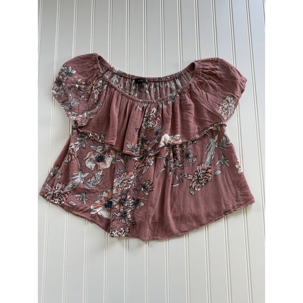 Iris Women's Off Shoulder Top S Dusty Rose Floral Ruffle Cropped Boho Peasant